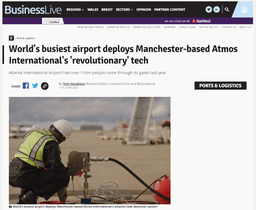 Shot of Business Live webpage covering the Atmos International video case study of the Atmos Portable Tightness Monitor at Hartsfield-Jackson Atlanta International Airport in Georgia, United States of America.