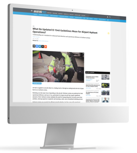 A desktop monitor containing an image of Atmos' tightness monitoring solution and the beginning of Atmos' article, titled: "What do updated EI 1540 guidelines mean for airport hydrant operations?"