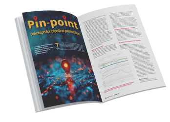 An image of a magazine open at the page of Atmos' article in World Pipelines titled "Pin-point precision for pipeline protection"