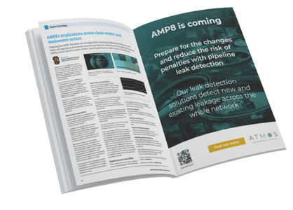 A magazine open at the page of Atmos' article on AMP8's implications across clean water and wastewater networks