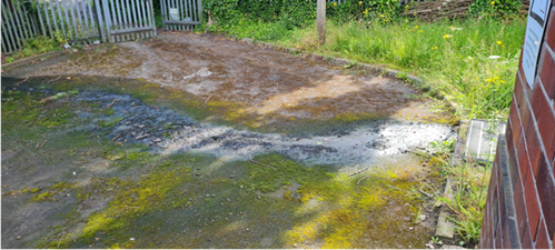 Iarge image of a puddle between a brick building and metal fence, indicating a small leak in the area