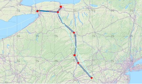 A map with a line starting at one point center right at the bottom and dividing into two lines towards the top of the image with both lines ending center left. The lines are made up of multiple colors to represent the different batches/products